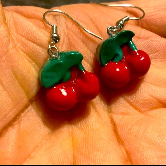 Cherry Earrings Handmade Silver Plated Fishhooks - Picture 1 of 5